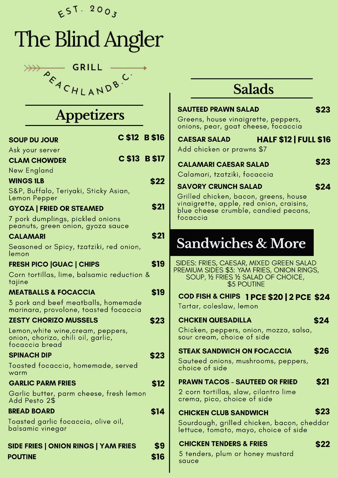 The Blind Angler Menu