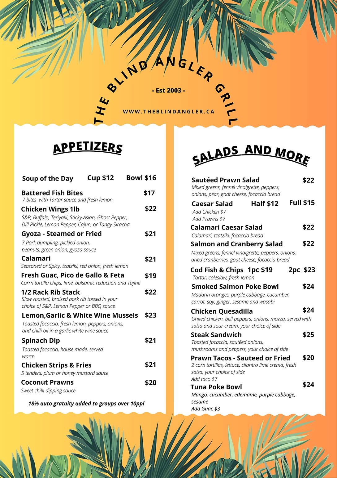 The Blind Angler Menu